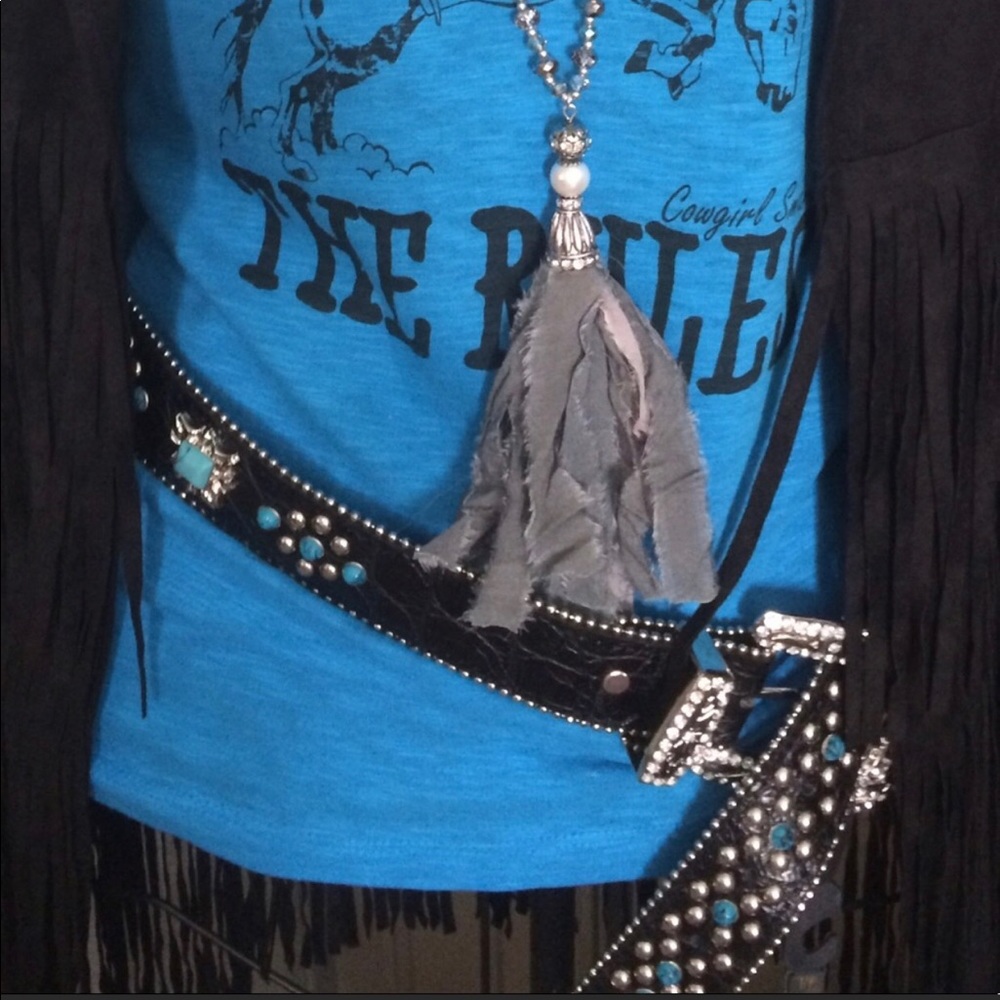 Ladies Black Turquoise & Rhinestone Belt Cowgirl